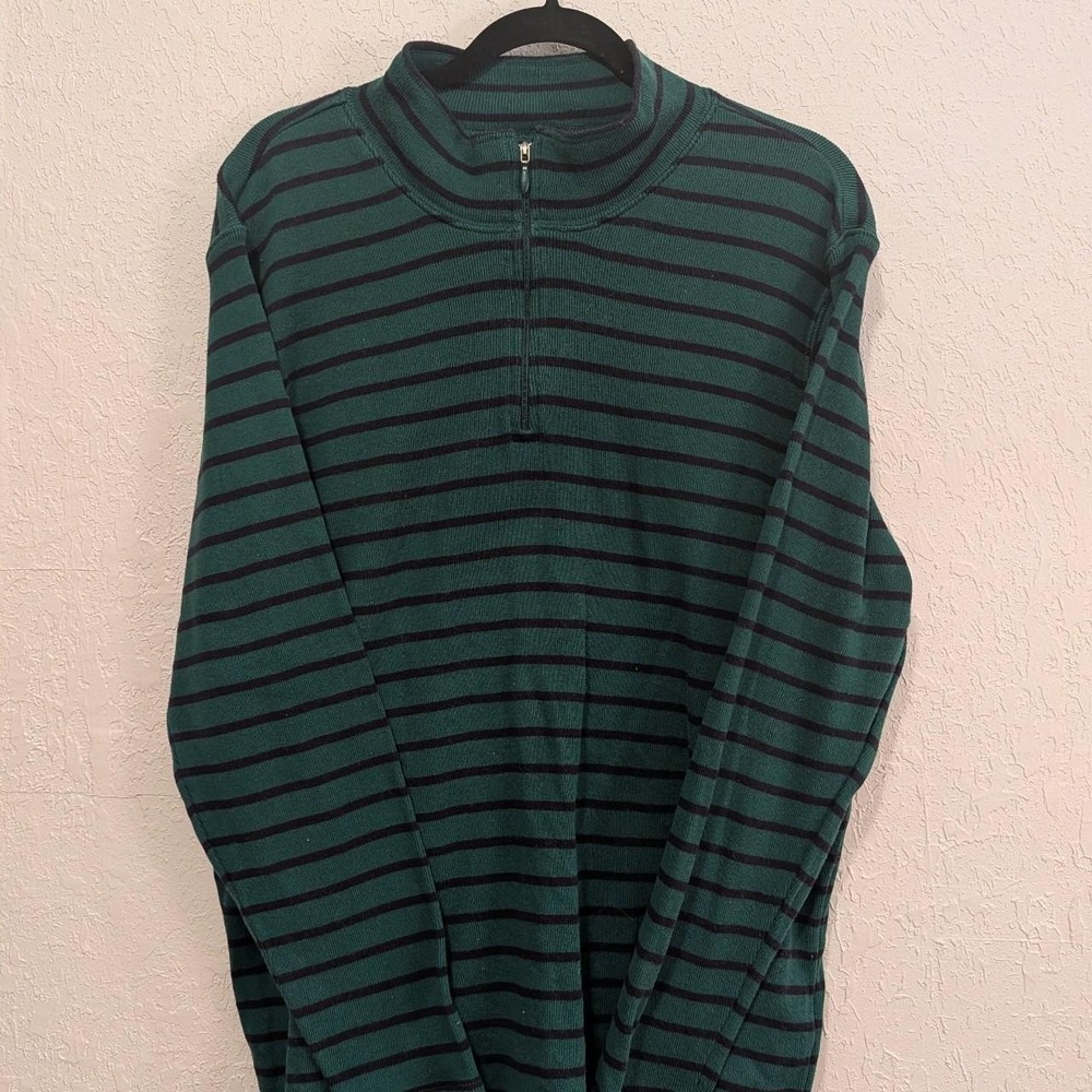 LL Bean green and black striped quarter zip sweater